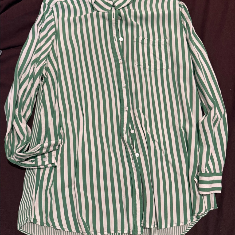Green and White Striped Button-Up Shirt